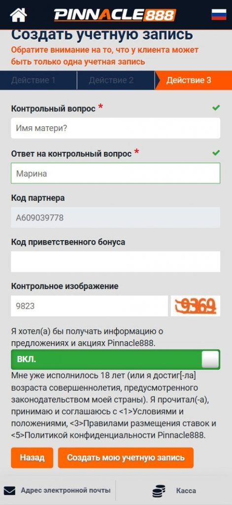 Регистрация на сайте БК Pinnacle